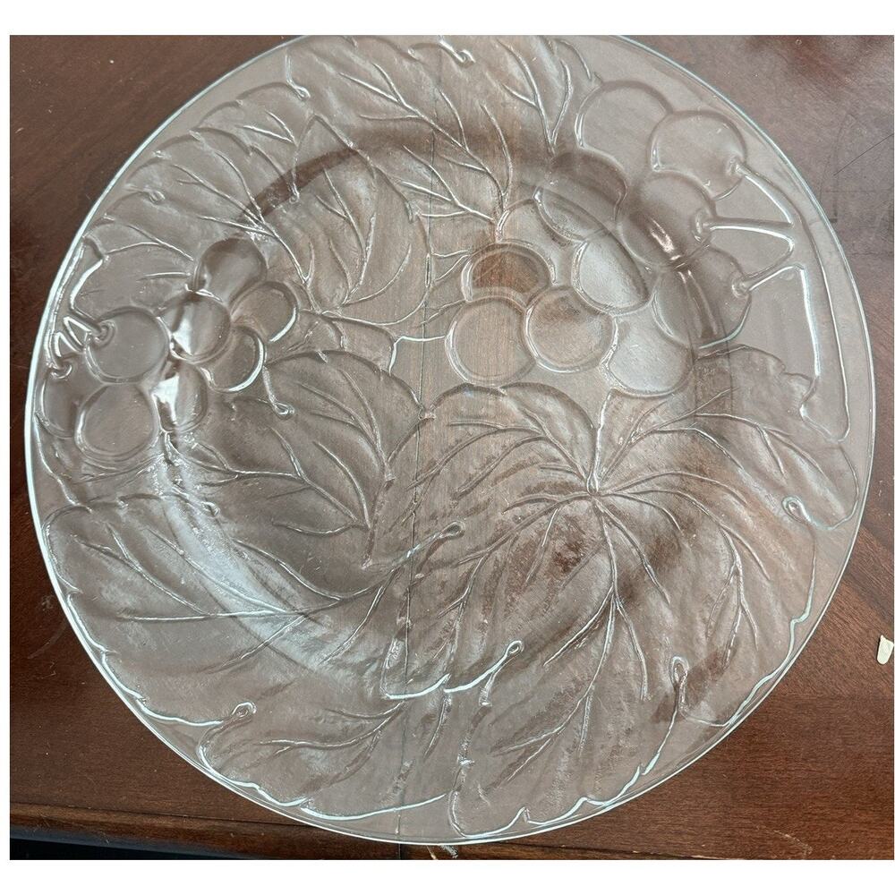 Vintage Clear Glass Plate Platter Embossed Grapes Leaves Indonesia 12.75”